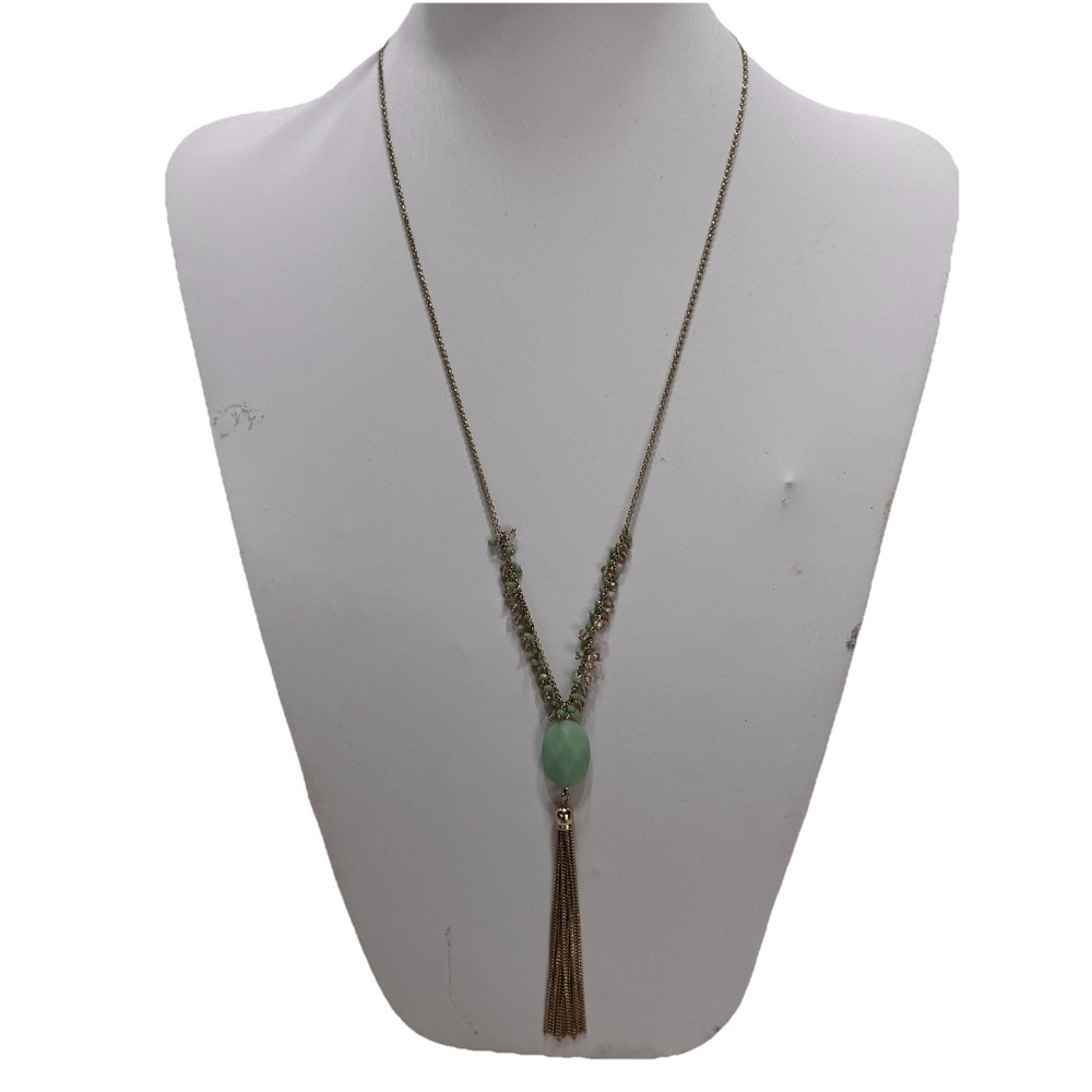 Banana Republic Faux Jade Gem Tassel Pendant Necklace Fringe Beaded Chain Long